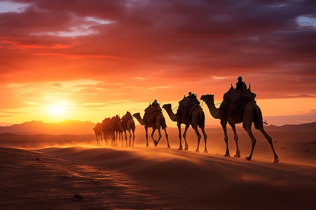 Camel caravan rides through the Moroccan desert at sunset This creates a silhouette