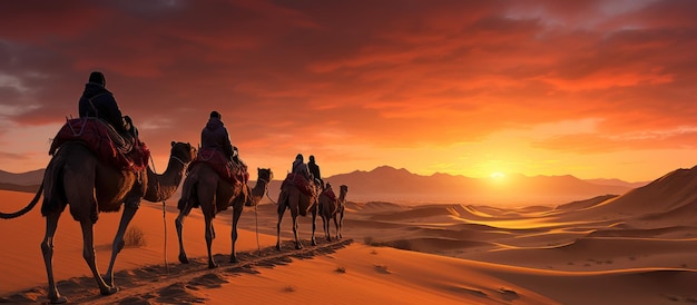 Camel caravan in the Sahara desert at sunset