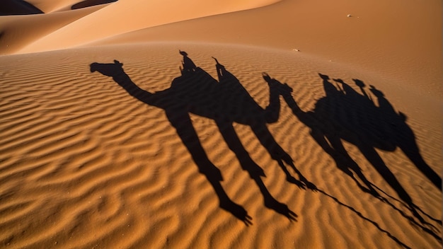 Camel caravan silhouette on desert dunes