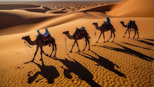 Camel caravan silhouette on desert dunes