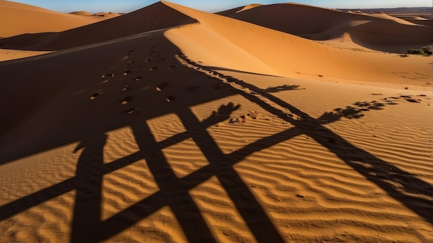 Camel caravan silhouette on desert dunes