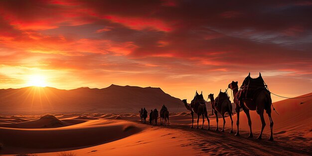 Camel caravan silhouette through the sand dunes in the Sahara Desert Morocco