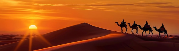 Camel caravan silhouette trekking across desert dunes at sunset