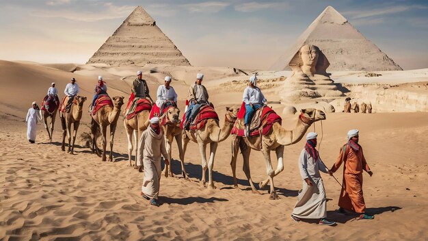 Караван верблюдов с бедуинами у египетских пирамид в пустыне Гиза