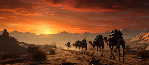 Camel caravan with camels in the desert at sunset