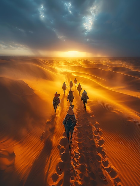 Photo a camel caravans passage through desert shadows