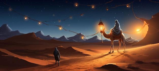 A camel carrying a lantern at night in the desert with sand dunes and the moon shining bright