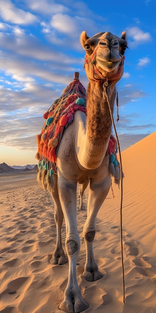 a camel in a colorful saddle with The Great Sphinx of Giza in the background and a golden sunrise