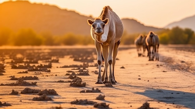 Camel crossing the desert road on sunset with arid drought countryside