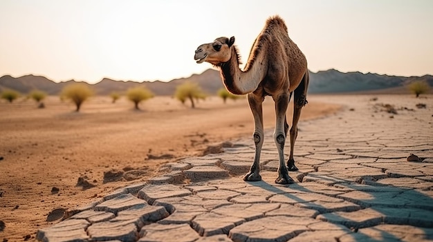 日没に乾燥した干ばつの田園地帯で砂漠の道を渡るラクダ