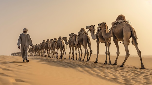 写真 アラビアの砂漠 ラクダのカラバン