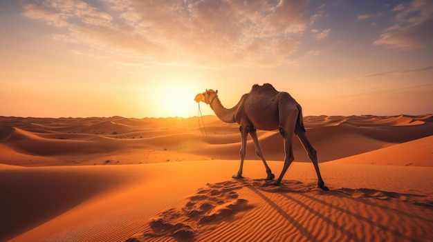 A camel in the desert Dubai United Arab Emirates beautiful sky at sunrise Generative Ai