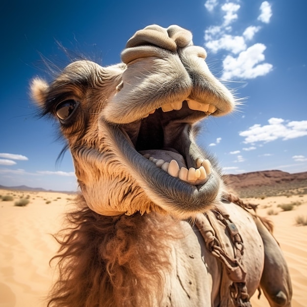 Camel in desert funny portrait