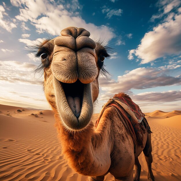 Camel in desert funny portrait