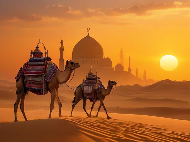 Foto cammello nel deserto e moschea sullo sfondo orario del tramonto ai generato