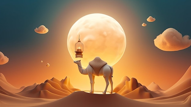 A camel in the desert with a full moon behind it