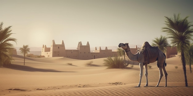 Верблюд в пустыне с мечетью и пальмой на фоне ид аль адха