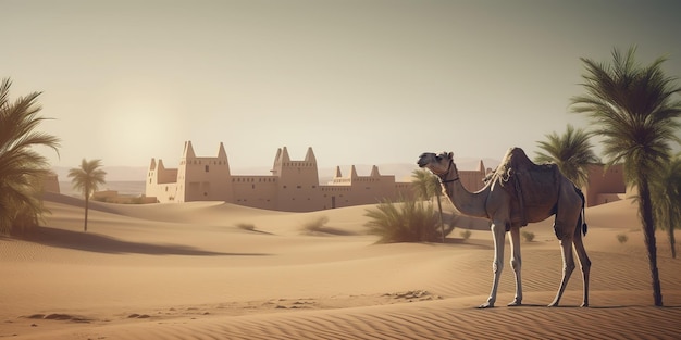 Camel on desert with mosque and palm tree eid al adha background