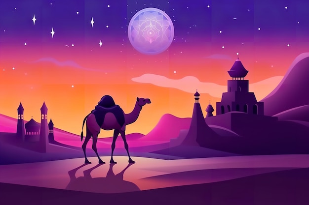 Photo camel in desert with purple light on it illustration