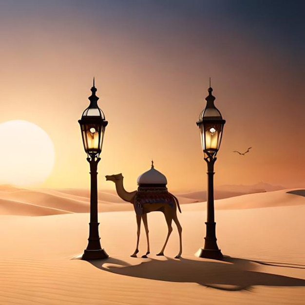 A camel in the desert with two street lamps and a sign that says " camel ".