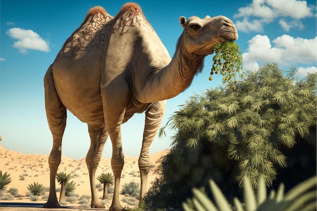 A camel eating some leaves in the desert.