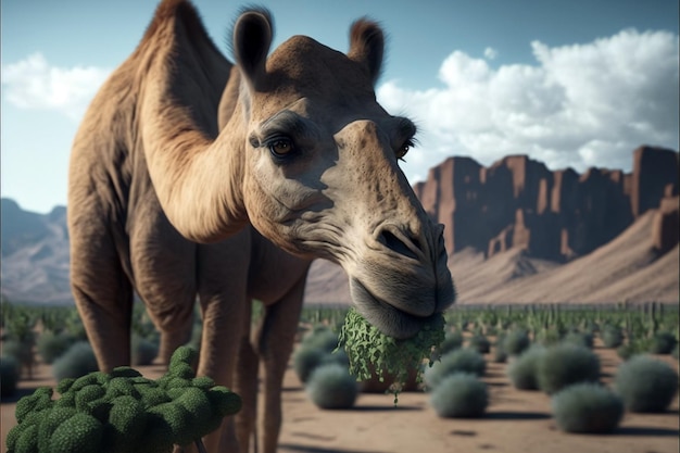 A camel eats a plant in the desert.