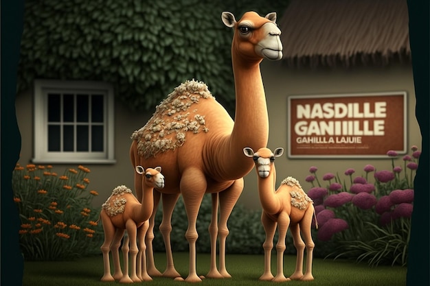 Семья верблюдов стоит перед табличкой с надписью «Набиско».