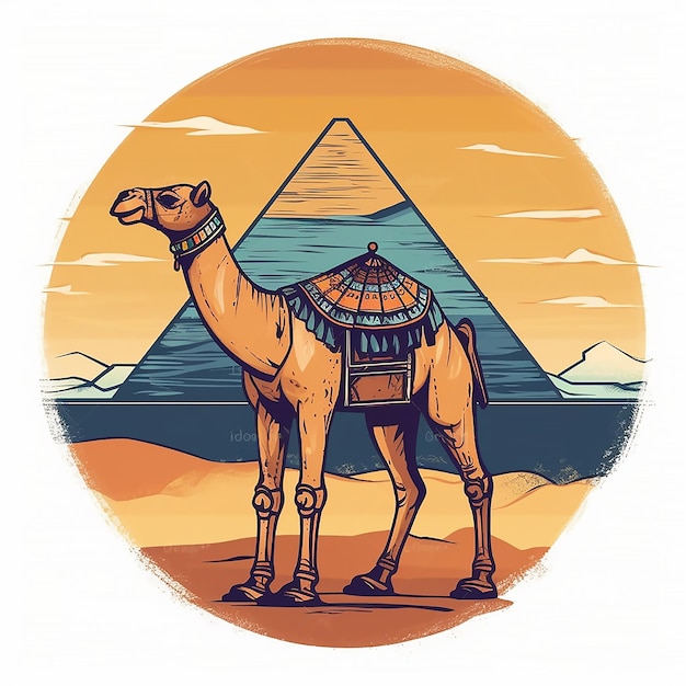 A camel in front of a pyramid