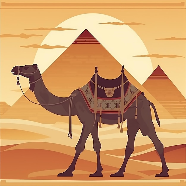 A camel in front of the pyramids of giza.