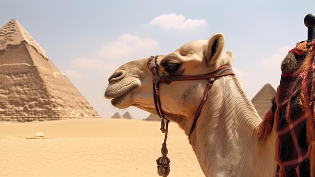 A camel in front of the pyramids of giza