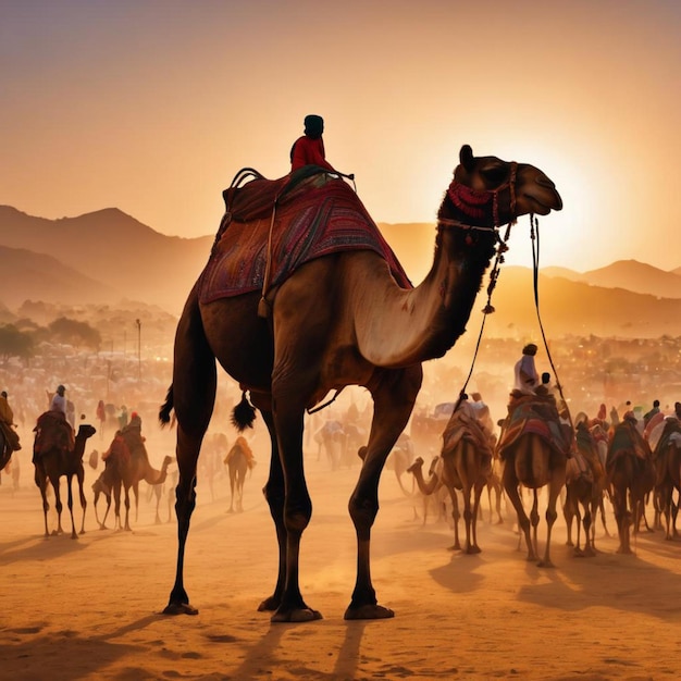 낙타는 사막을 통과하여 한 무리의 사람들을 안내합니다