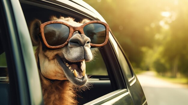 Camel has fun head out car window wearing glasses