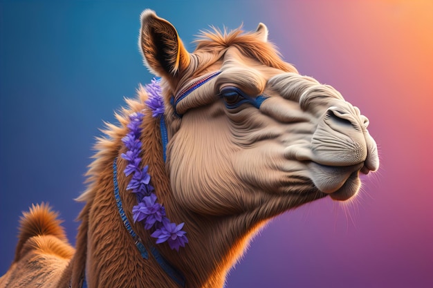 Camel head on solid color background close up Vintage style ai generative