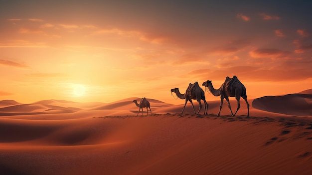 Foto silhouette di un gregge di cammelli contro il cielo arancione del tramonto nel paesaggio del deserto