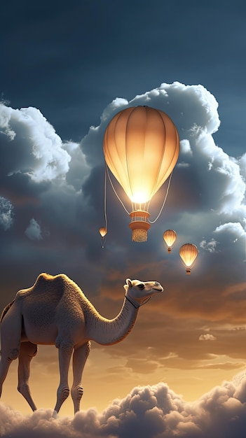 A camel and a hot air balloon are flying in the sky.