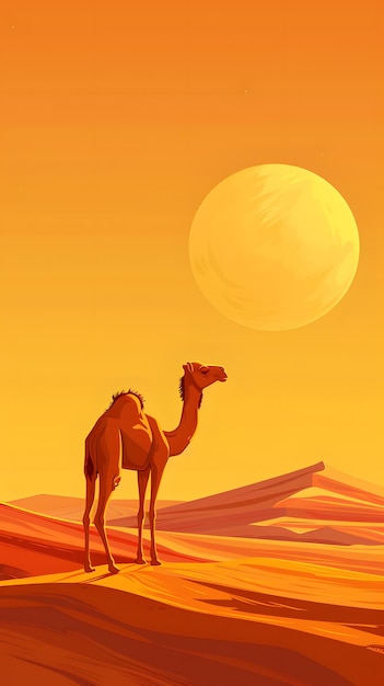 사진 해가 지는 사막의 낙타 아름다운 자연 풍경