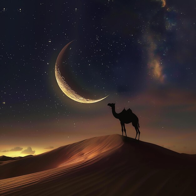 a camel is standing in the desert and is looking at the moon