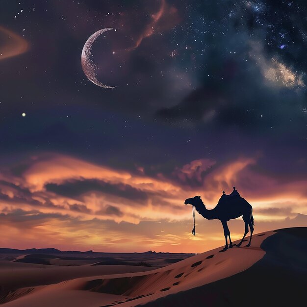 a camel is standing in the desert and the moon is behind it