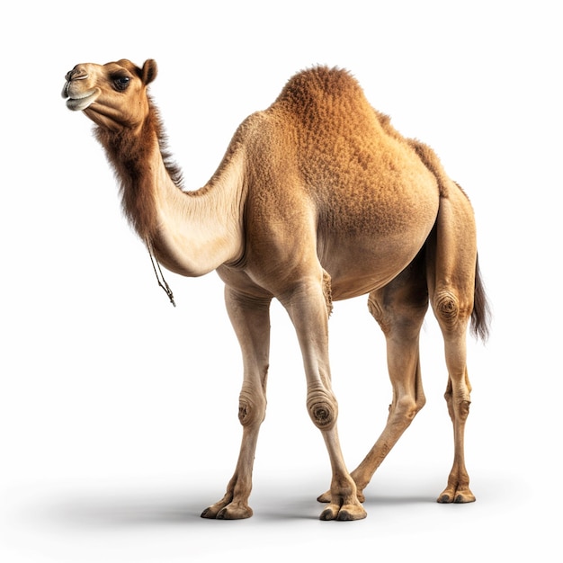 A camel is standing in front of a white background.