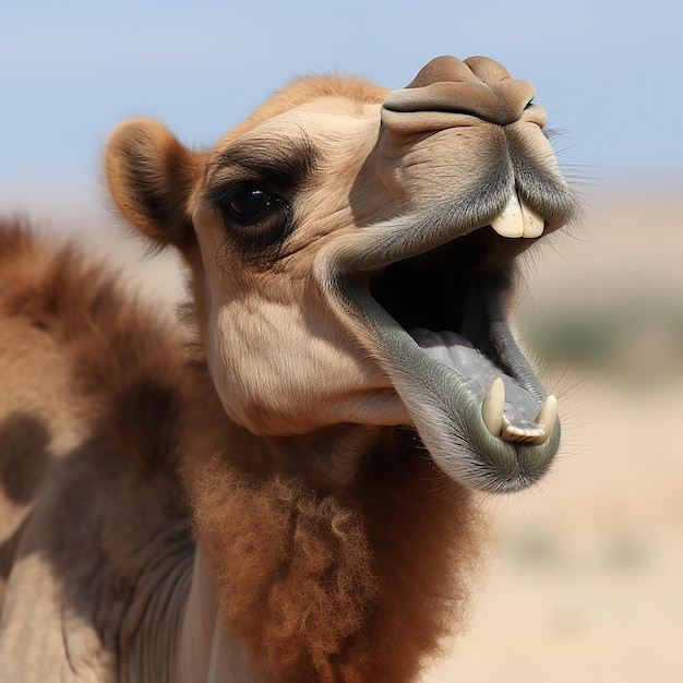 Camel laughs smiles rejoices closeup portrait funny photo with animals pets