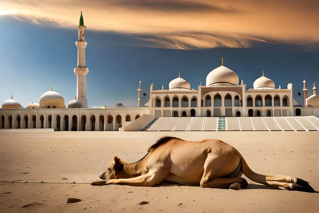 A camel lies in the sand in front of a mosque.