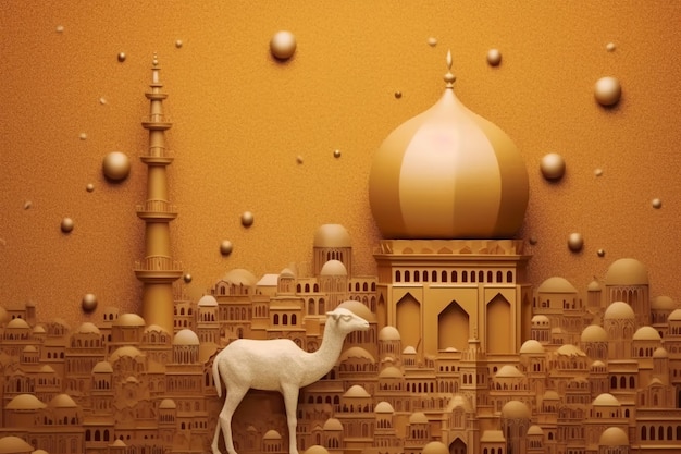 A camel and a mosque are in front of a golden city.