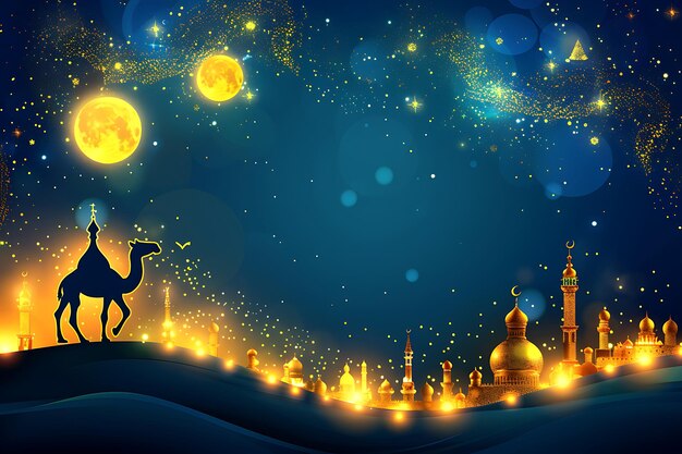 Photo camel and mosque background for ramadan festival