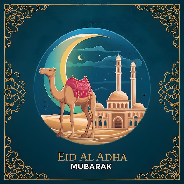 a camel and a mosque on a blue background with a mosque on the top