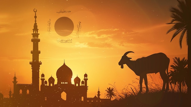 a camel and a mosque at sunset with the moon in the background