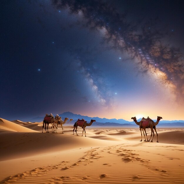 写真 夜の星空の背景にあるラクダの生成ai