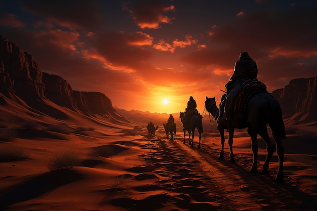 Camel procession in desert wonder walking on rolling sand dunes star trail photography AI generat