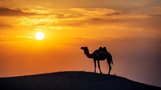 Camel silhouette in the desert with sunset