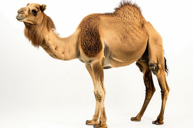 A camel standing against a white background