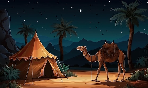 A camel standing in the desert at night